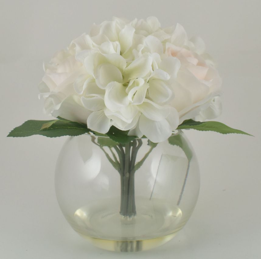 White Hydrangea & Light Pink Rose in Bubble Glass Vase