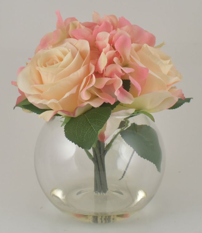 Light Pink Hydrangea & Cream Rose in Bubble Glass Vase