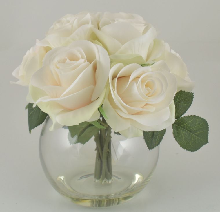 White Rose Bush in Bubble Glass Vase