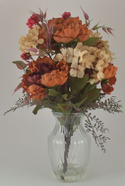 Copper & Cream Peony & Hydrangea Bouquet in Glass Vase