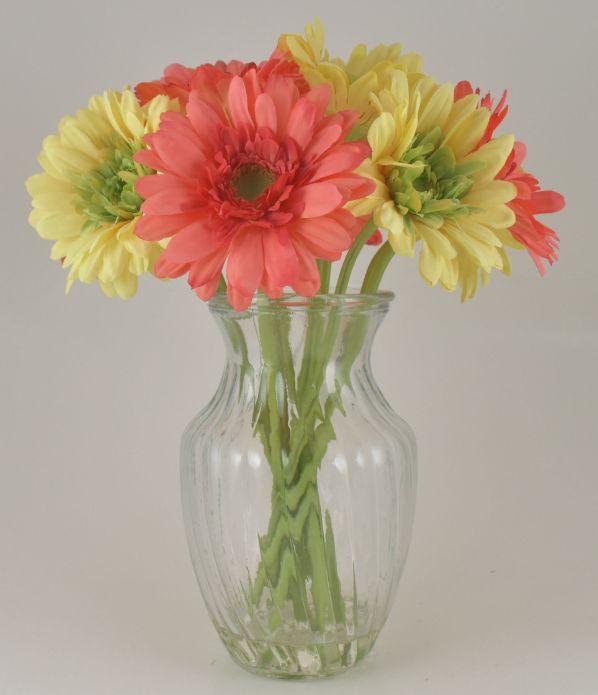 Coral & Yellow Gerbera Bouquet in Glass VASE