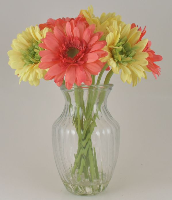 Coral & Yellow Gerbera Bouquet in Glass Vase