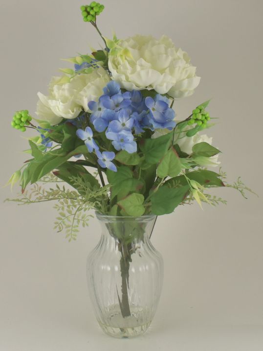 Blue & White Peony & Hydrangea Bouquet in Glass Vase