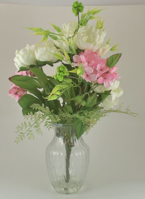 Pink & White Peony & Hydrangea Bouquet in Glass Vase