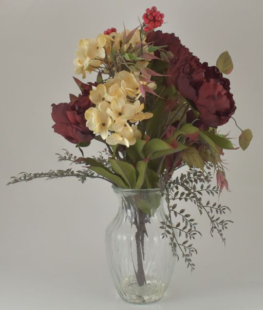 Burgundy & Cream Peony & Hydrangea Bouquet in Glass Vase