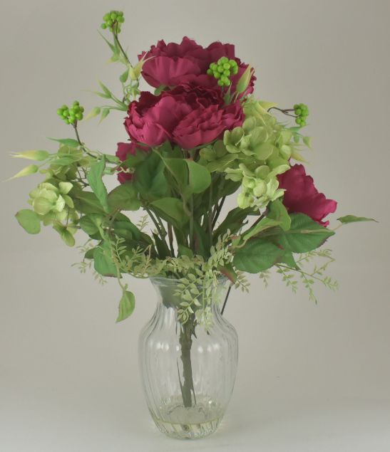 Berry Red & Cream Peony & Hydrangea Bouquet in Glass Vase