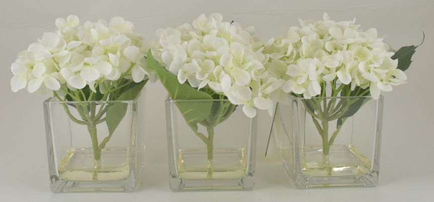 White Hydrangea Bouquet in Glass Cube VASE - Set of 3