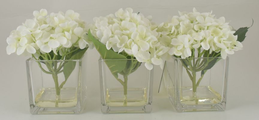 White Hydrangea Bouquet in Glass Cube Vase - Set of 3