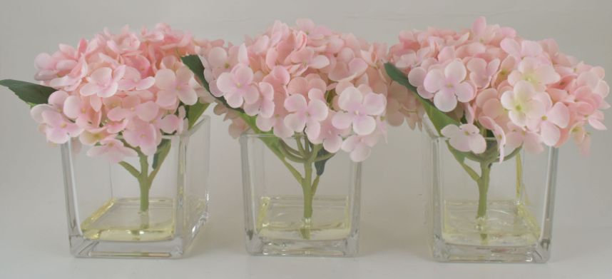 Light Pink Hydrangea Bouquet in Glass Cube Vase - Set of 3