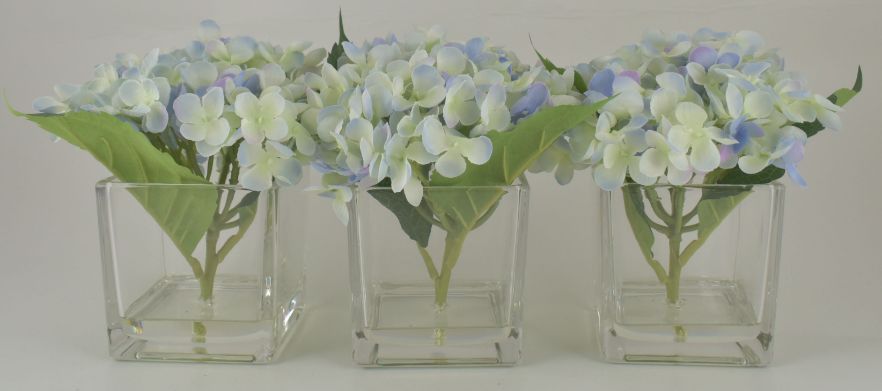 Blue Hydrangea Bouquet in Glass Cube Vase - Set of 3