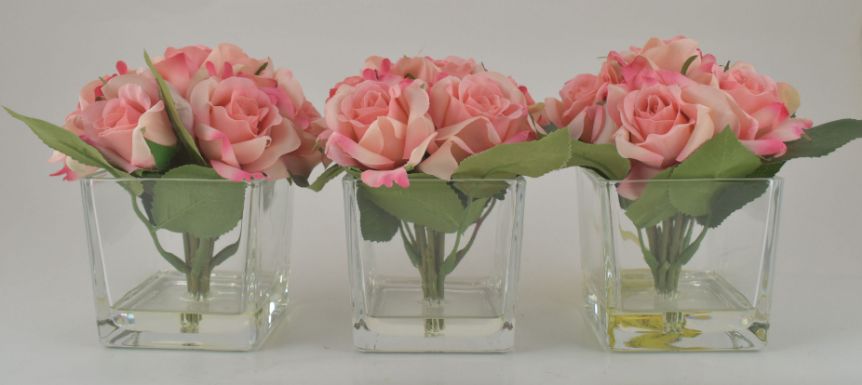 Pink Rose Bouquet in Glass Cube - Set of 3