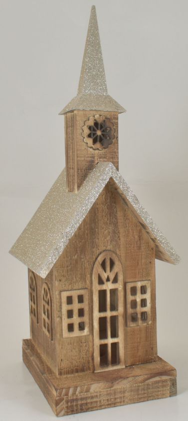 Light -Up Wood Church with Gold Glitter Top