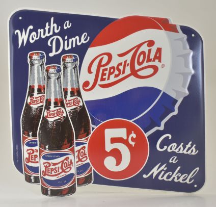 ''Pepsi-Cola'' 6 Pk Bottles  ''Worth A Dime'' Die Cut Metal Sign