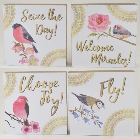 MDF Fancy Bird Block Decor Wall Art 4 Asst