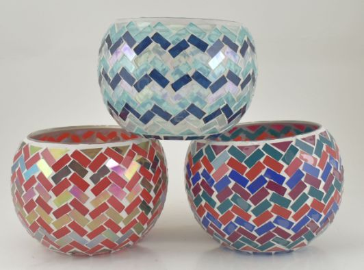 Glass Mosaic Chevron Tea Light Holder 3 Asst