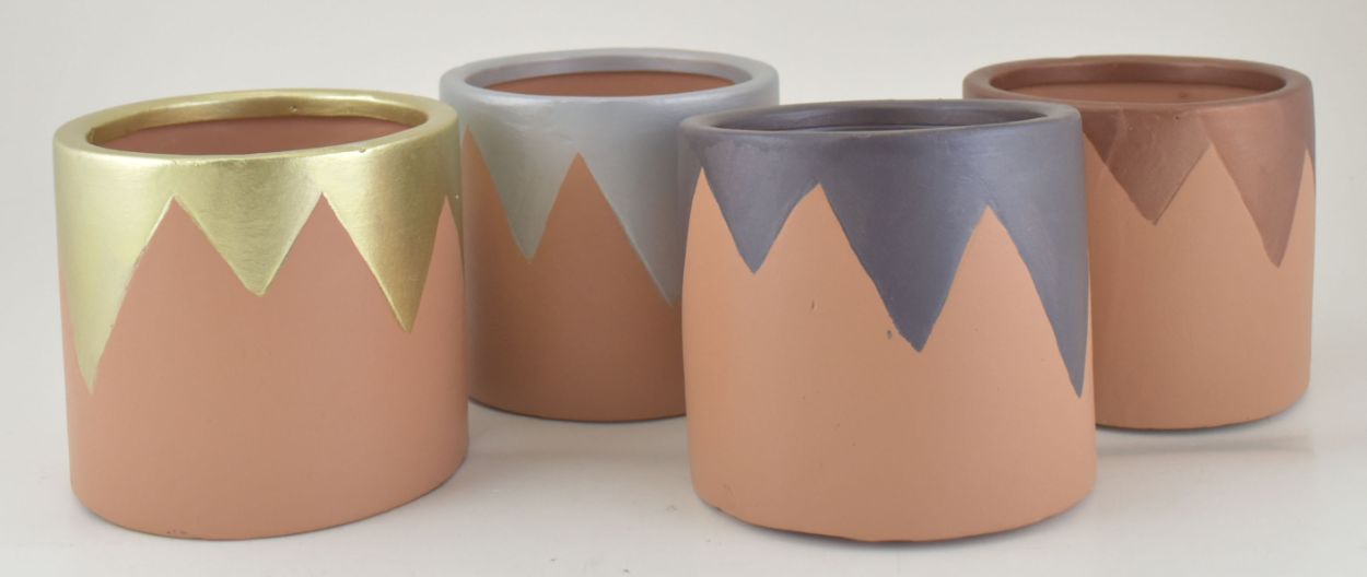 Terra Cotta Geometric Metallic Planters 4 Asst