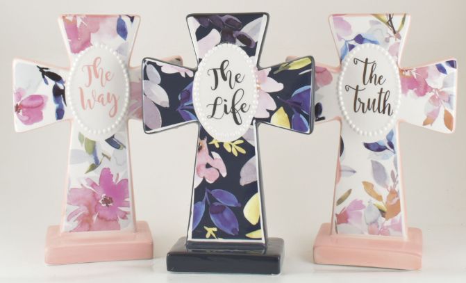 Dol Standing Floral Cross With Words 3 Asst