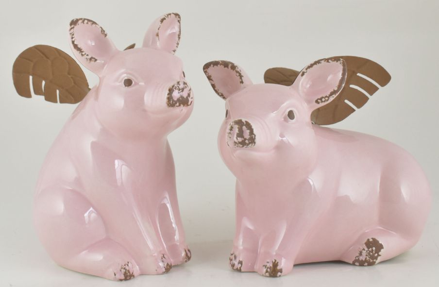 Large Ceramic/Metal Flying Piggies w/Wings 2 Asst