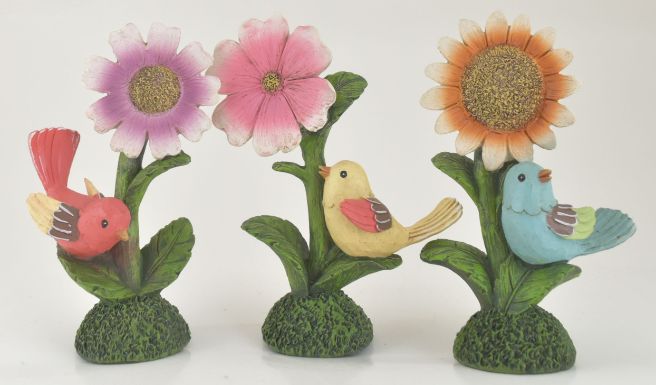 Resin Multi Colored BIRD With Flower 3 Asst