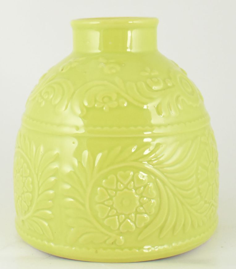 Small Lime Green Ceramic Decorative Etched Vase