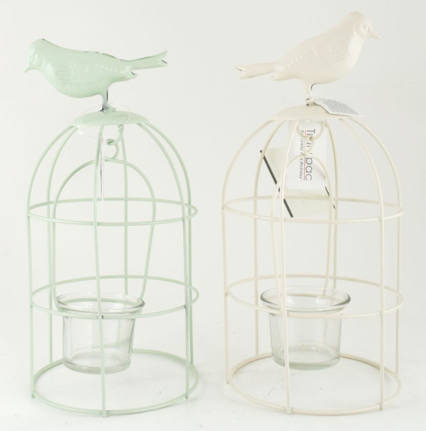 Small Metal/Glass Bird Cage CANDLE Holder 2 Asst