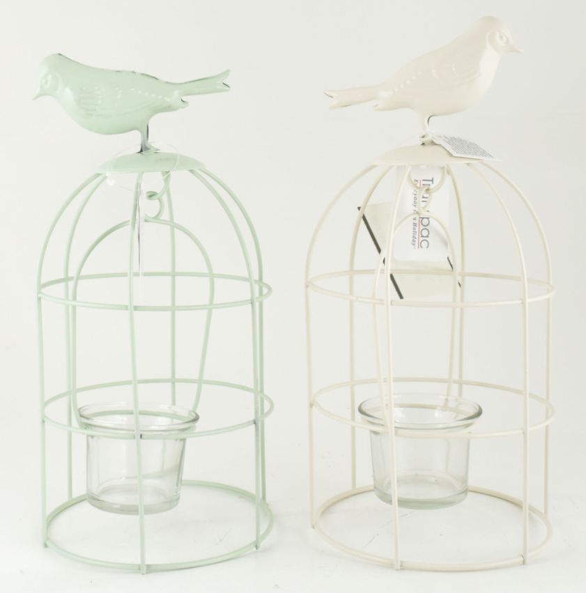 Small Metal/Glass Bird Cage Candle Holder 2 Asst