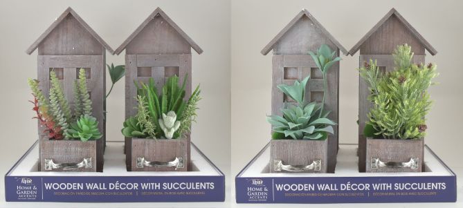 Alpine HOME & Garden Wooden Wall Decor with Succulents 4 Asst