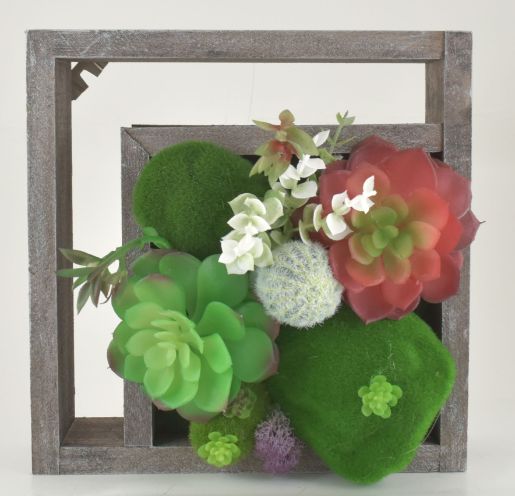Alpine Home Wood FRAME Faux Succulents Wall Dcor