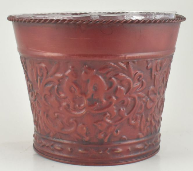 Red Metal Embossed Cache Pot - Monkey/Floral