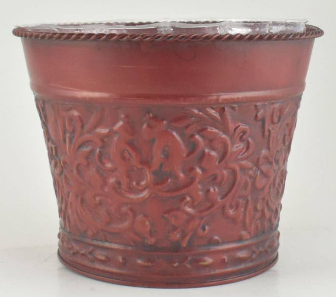 RED Metal Embossed Cache Pot - Monkey/Floral
