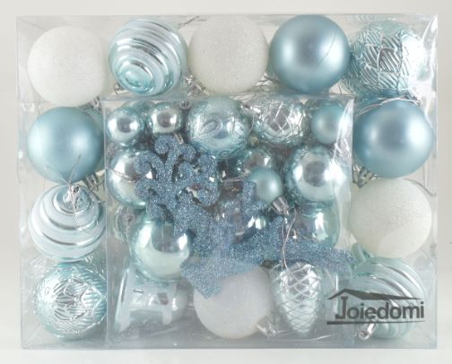 66 Piece Assorted CHRISTMAS Ball Ornaments Baby Blue & White