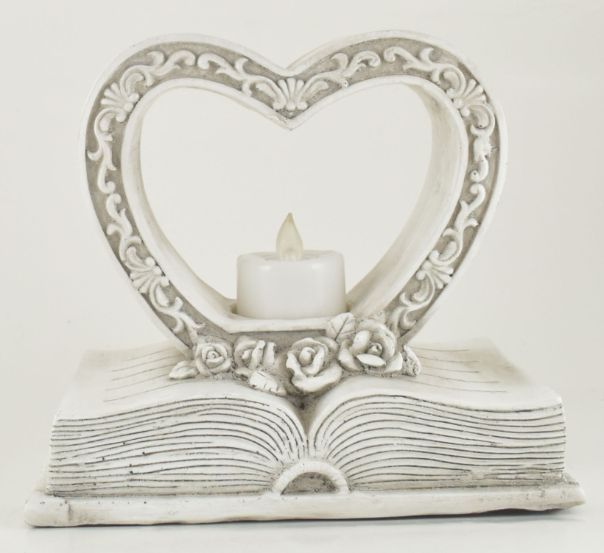 POLY HEART ON BOOK WITH CANDLE