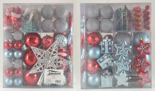 Christmas Ball Ornaments Red Blue & Silver w/Tree Topper