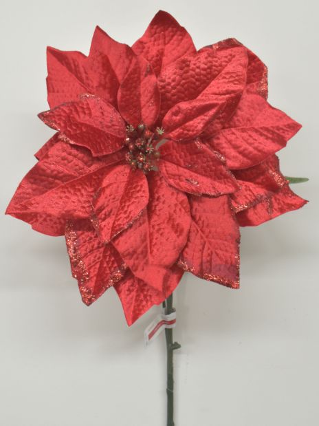 Large Red Poinsettia Stem with Glitter