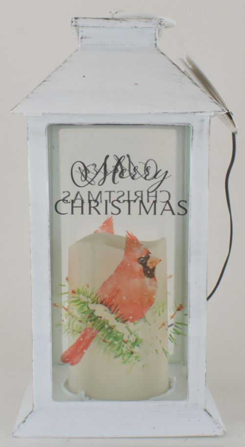 Merry Christmas Lantern with Cardinal - White