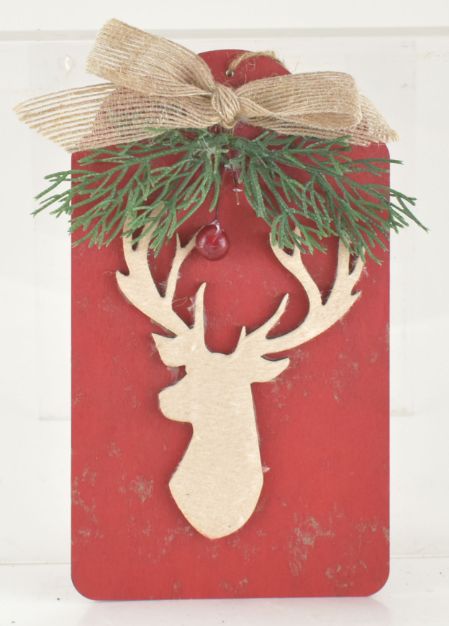 Wood Tag Ornament With Deer - Red