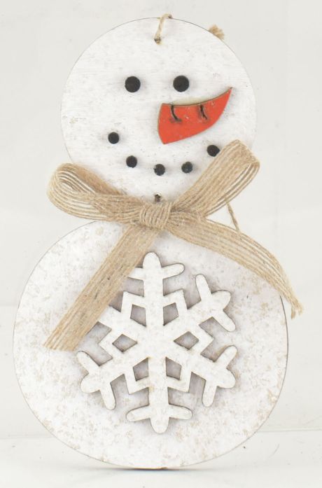 Wooden Snowman Ornament with Bow & Snowflake