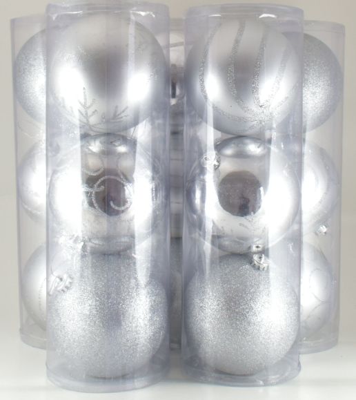 Plastic Ball Ornament 4 Asst. 3 PC Box Silver