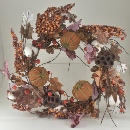 22'' Burlap Pumpkin, COTTON, Berry Autumn Grapevine Wreath