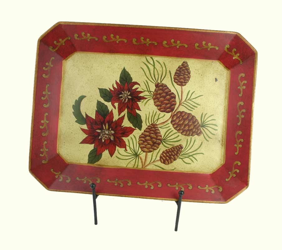 Decorative Poinsettia Ceramic Platter with Easel