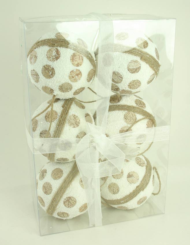 White / Natural Polka Dot Ball Ornament Set of 6 Shabby Chic