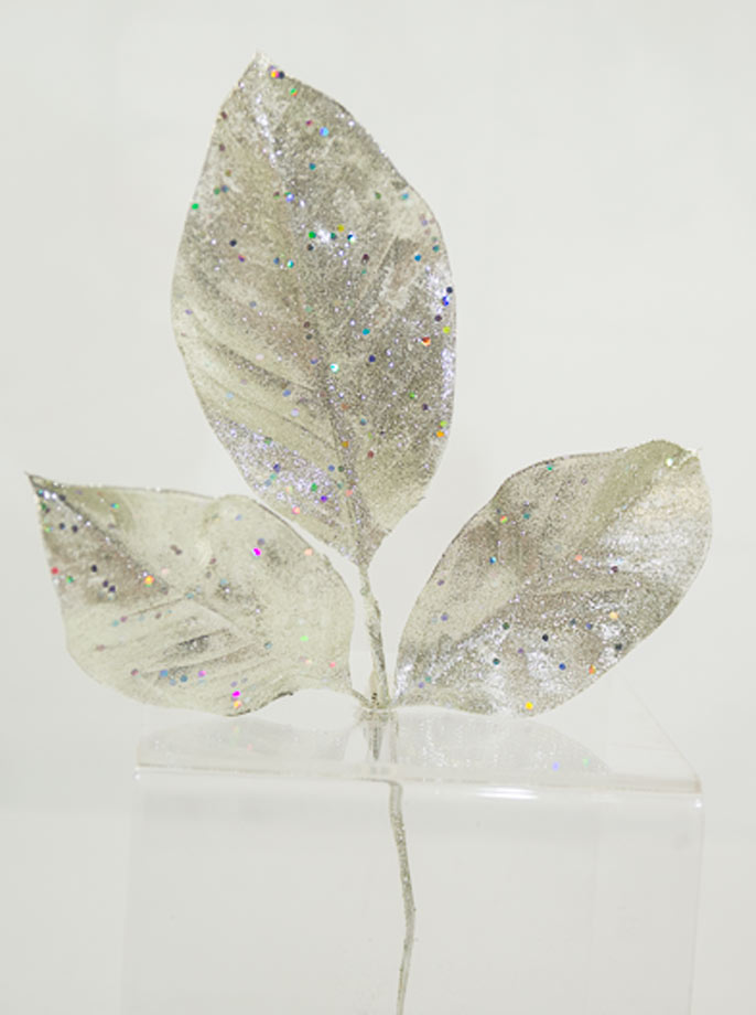 Glittered Magnolia Leaf Spray- Silver
