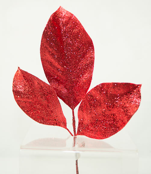 Glittered Magnolia Leaf Spray- Red