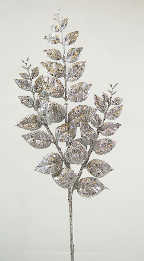 Silver Flocked Leaf Spray