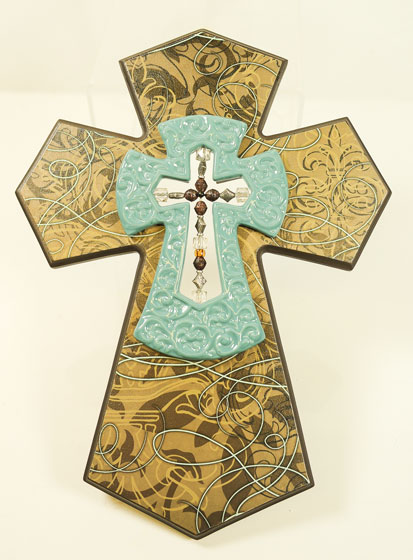 The Faith Collection Wooden Cross With BEADS Turq/Brown 17''