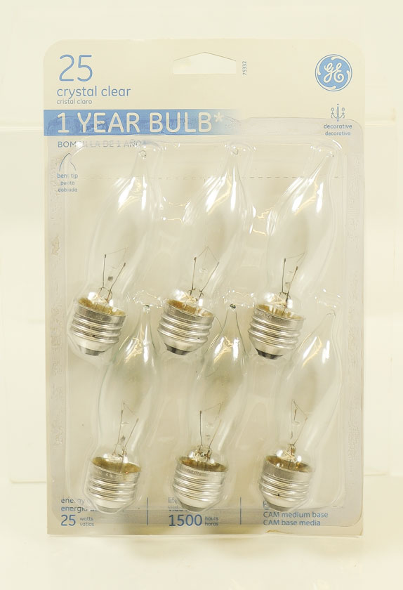 GE Crystal Clear 25 Watt Bent Tip Medium Base 6 - PaCk