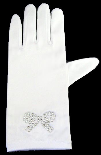 Satin GLOVES With Jewelled Bow - White - Wrist Length (701-2BL)