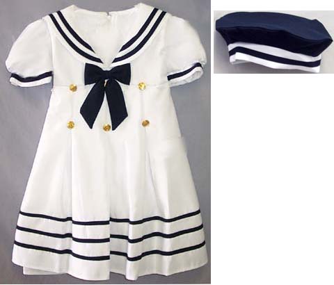 Girls  Short Sleeves Nautical Dress With HAT - White (9Mos-5)