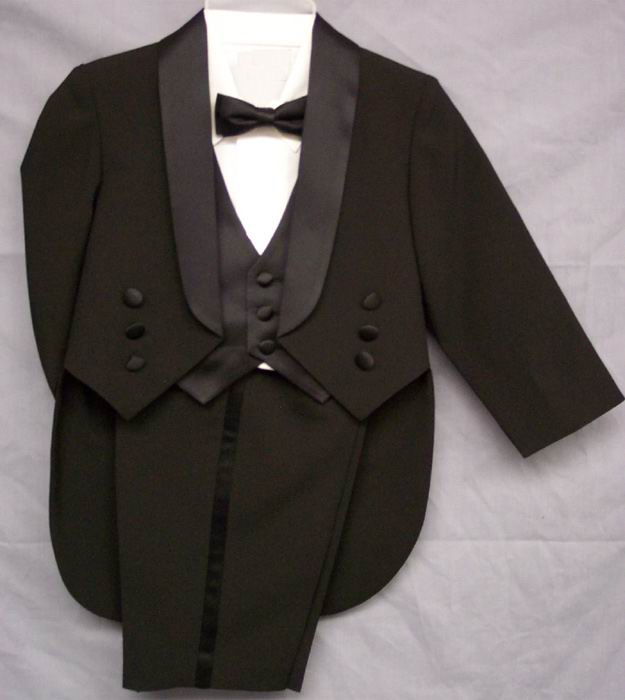''Camilo'' 5Pc Boys Vested Tuxedo With Tail  - Black. Sizes: 8 & 12
