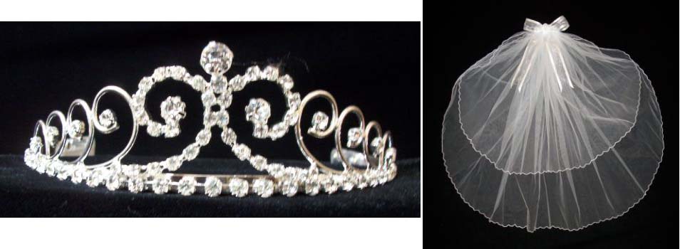 White Communion Veil With Rhinestones TIARA ( # W22T09)